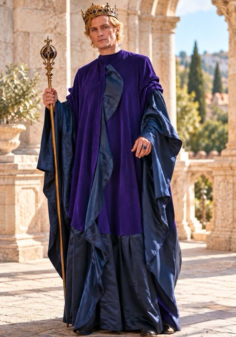 Vtg. Texas Body Hangings Royal Purple Wool Cape & Satin Costume Cloak Robe King